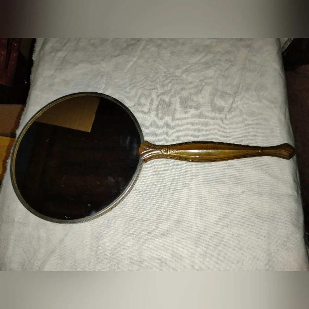 Vintage Hand Held Mirror Beautiful Golden Brassy Color Estate Sale Find
